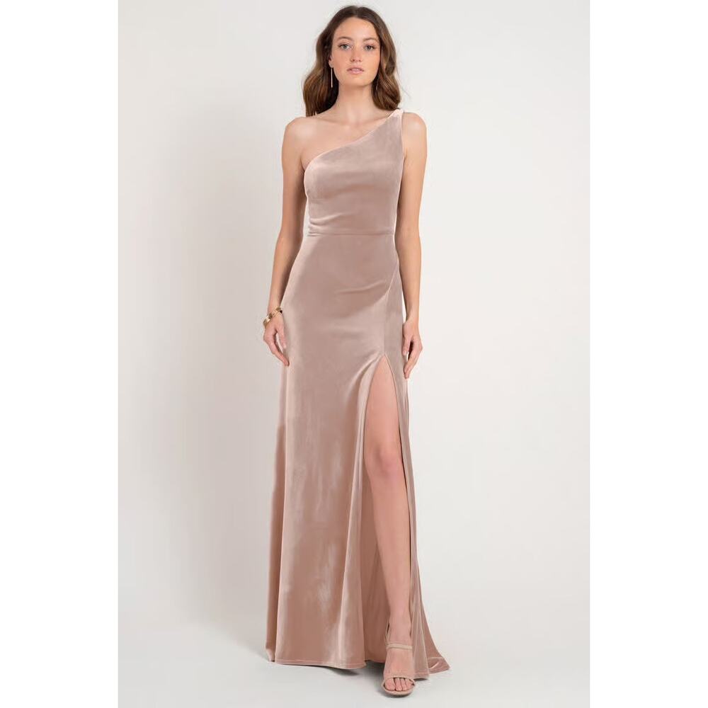 NWT Jenny Yoo Cybill Dress BHLDN Prosecco Velvet 16 One Shoulder Side Slit